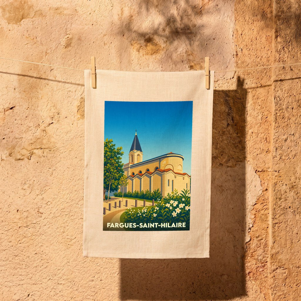 Torchon souvenir de la ville de Fargues-Saint-Hilaire avec une illustration stylisée de son église.