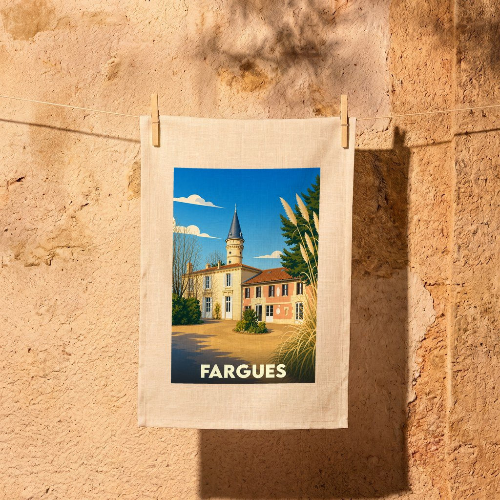 Torchon souvenir de la ville de Fargues avec une illustration stylisée d'une bâtisse historique.