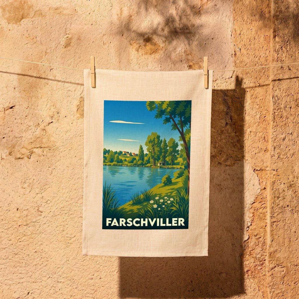 Torchon souvenir de la ville de Farschviller avec une illustration stylisée d'un paysage lacustre.