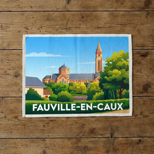 Torchon souvenir de la ville de Fauville-en-Caux avec une illustration stylisée de son église entourée de verdure.