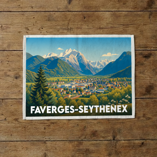 Torchon souvenir de la ville de Faverges-Seythenex avec une illustration stylisée de montagne.