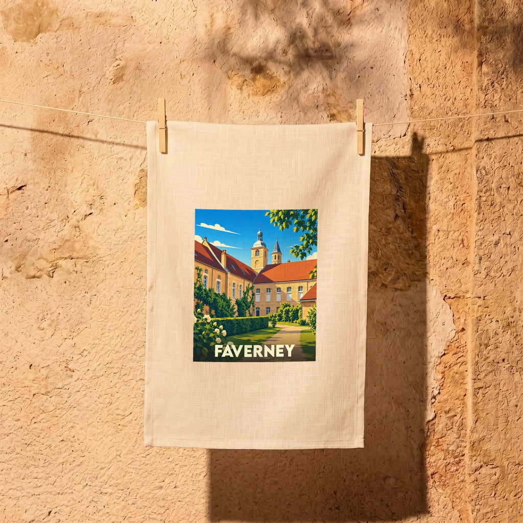 Torchon souvenir de la ville de Faverney avec une illustration stylisée.
