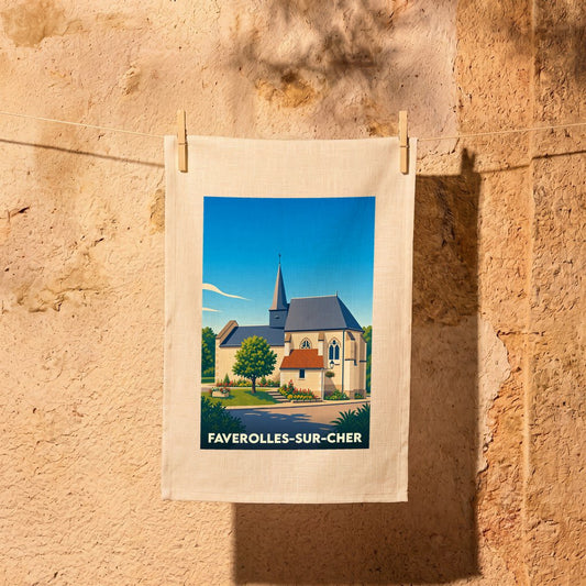 Torchon souvenir de la ville de Faverolles-sur-Cher illustré d'un dessin stylisé de son église.