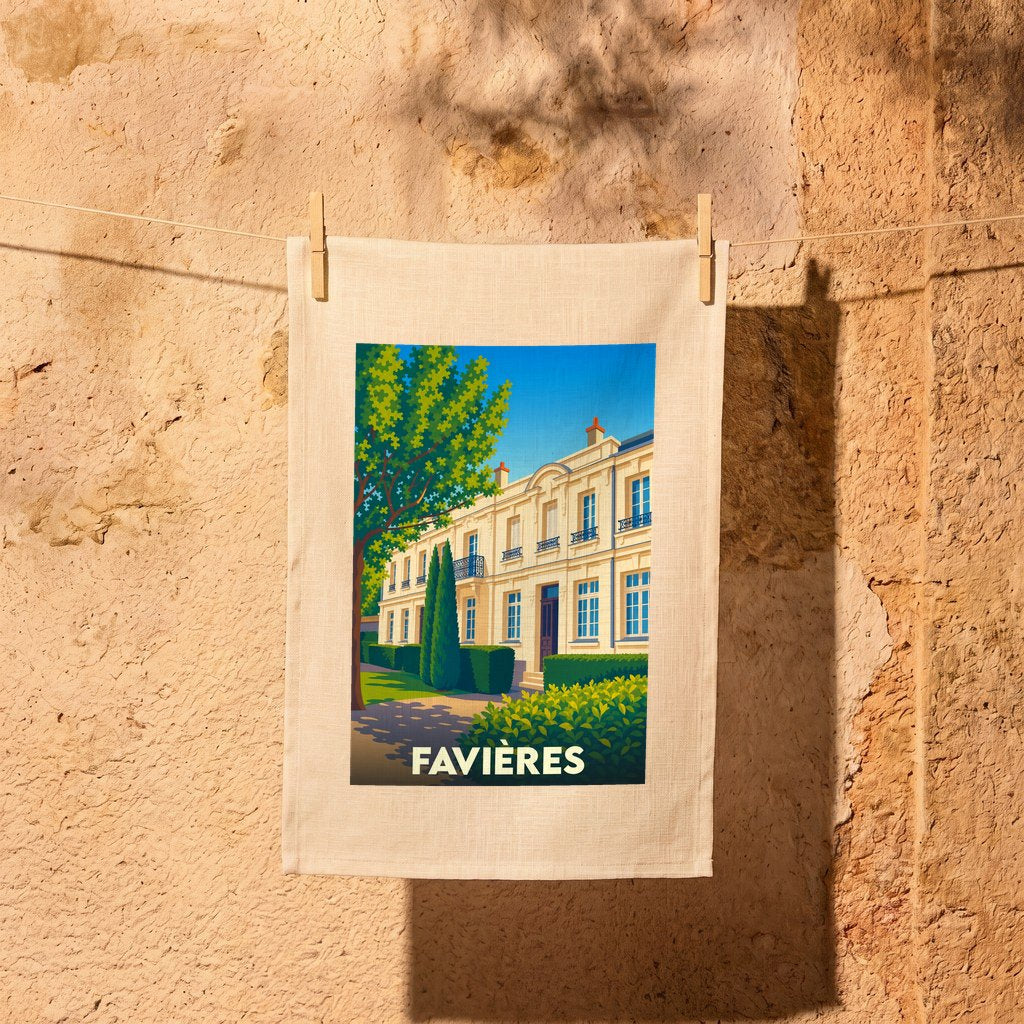 Torchon souvenir de la ville de Favières avec une illustration stylisée d'un bâtiment classique.