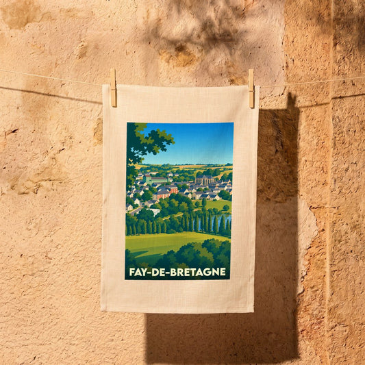 Torchon souvenir de la ville de Fay-de-Bretagne illustré d'un paysage panoramique stylisé.