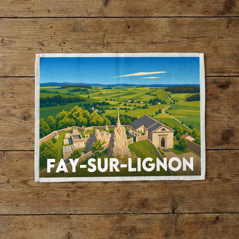 Torchon souvenir de la ville de Fay-sur-Lignon avec une illustration stylisée.