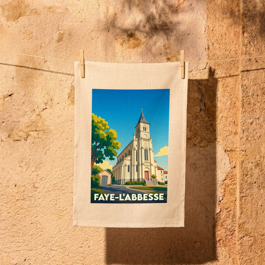 Torchon souvenir de la ville de Faye-l'Abbesse avec une illustration stylisée de son église.