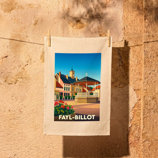 Torchon souvenir de la ville de Fayl-Billot avec une illustration stylisée d'un kiosque à musique.