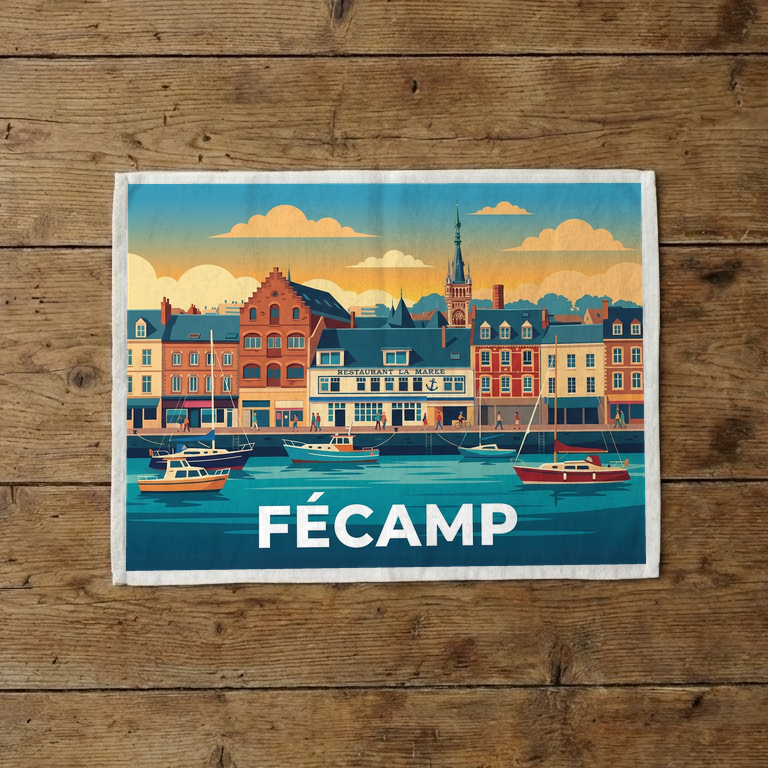 Torchon souvenir de la ville de Fécamp avec une illustration stylisée de son port et de son front de mer.