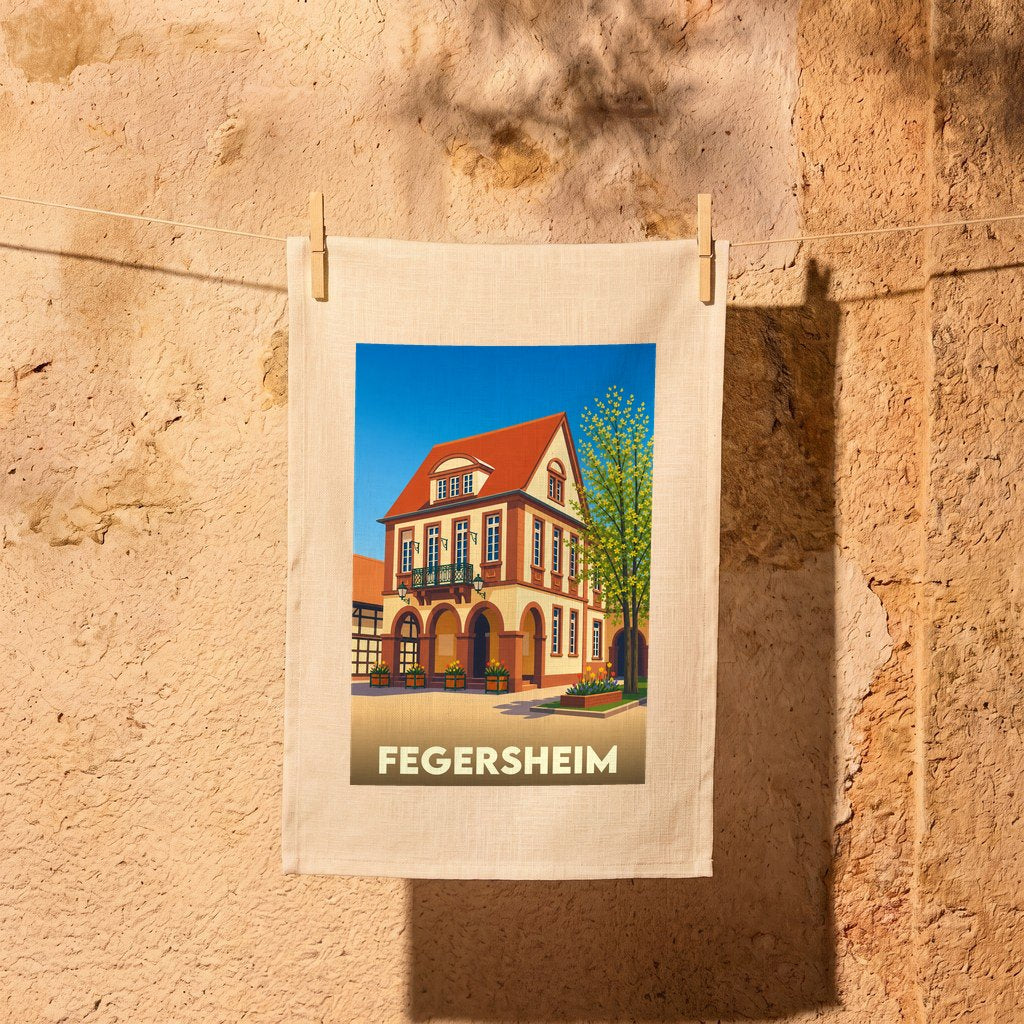 Torchon souvenir de la ville de Fegersheim avec une illustration stylisée de son architecture traditionnelle.