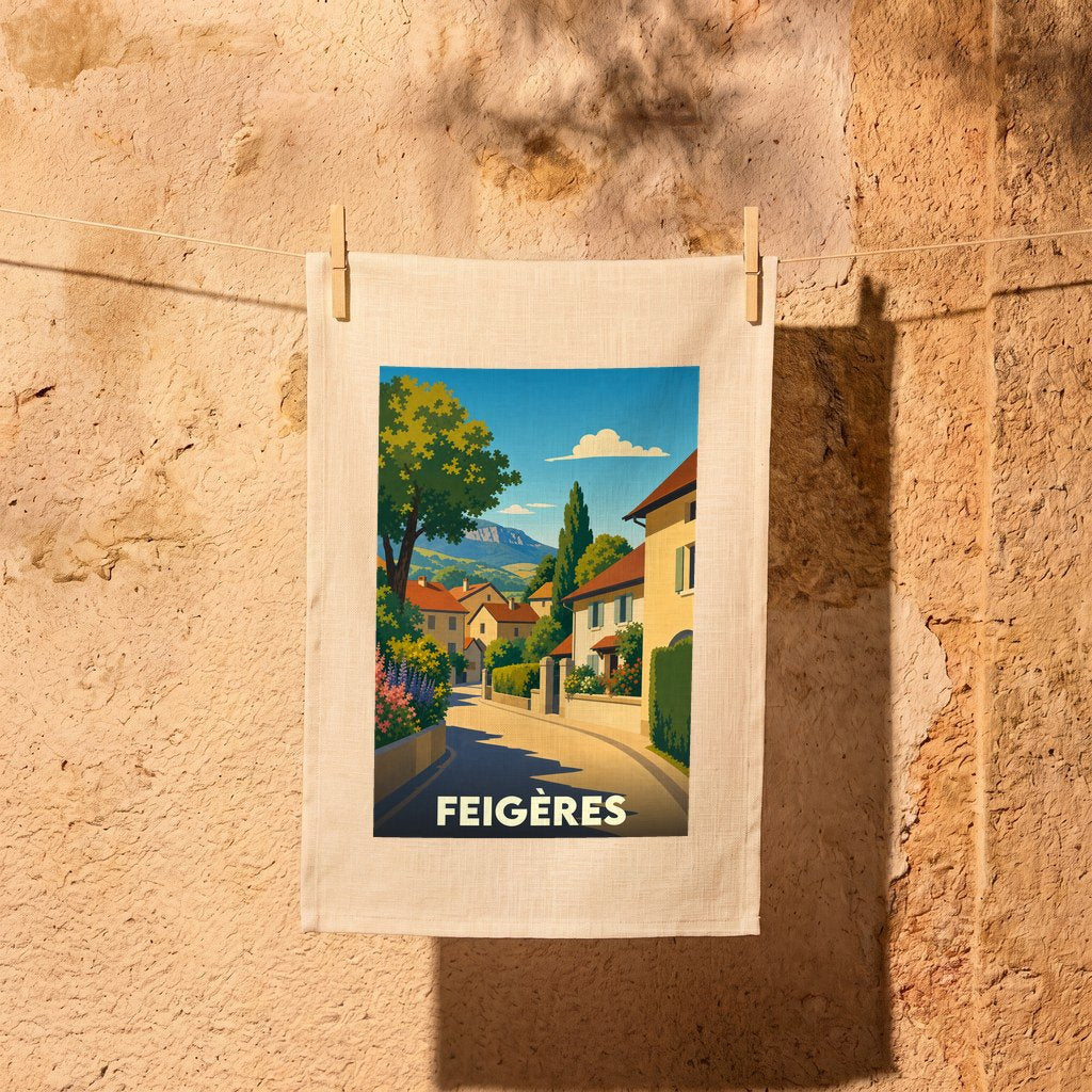 Torchon souvenir de la ville de Feigères avec une illustration de paysage urbain coloré.