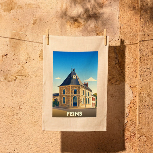 Torchon souvenir de la ville de Feins avec une illustration stylisée de sa mairie.