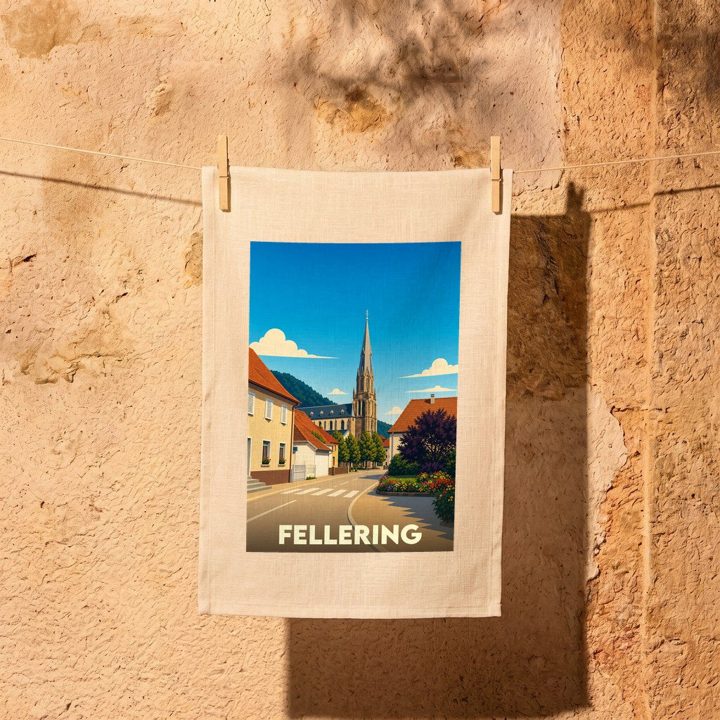 Torchon souvenir de la ville de Fellering avec une illustration stylisée d'un paysage urbain alsacien.