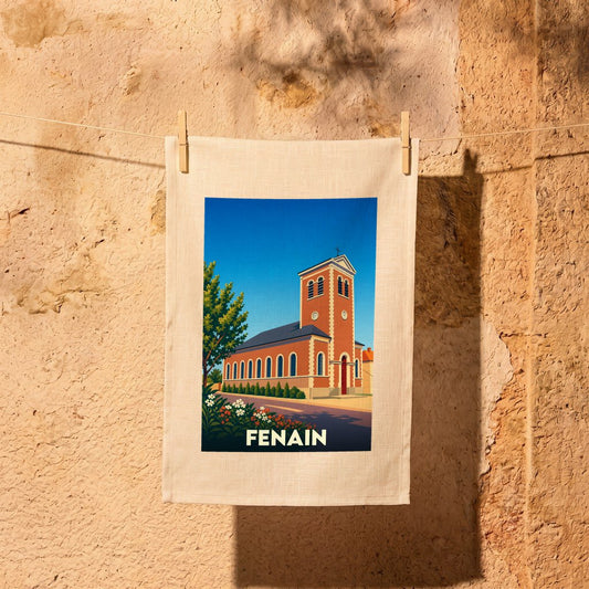 Torchon souvenir de la ville de Fenain avec une illustration stylisée de son église.