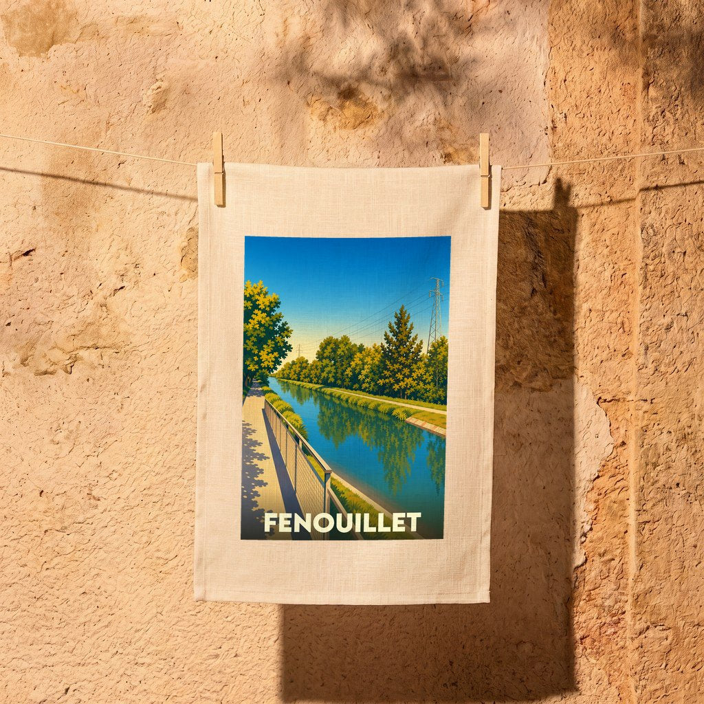Torchon souvenir de la ville de Fenouillet illustré d'un paysage de canal stylisé.