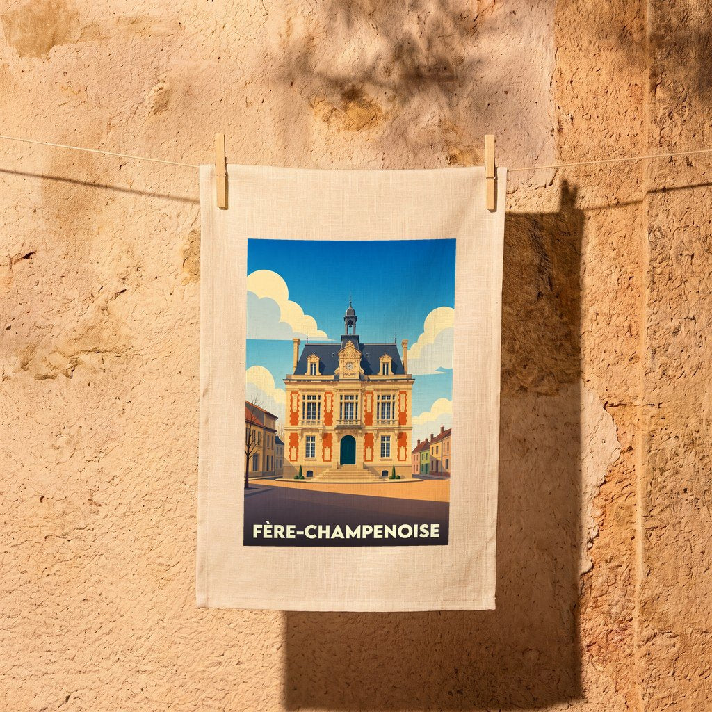 Torchon souvenir de la ville de Fère-Champenoise orné d'une illustration stylisée de son hôtel de ville.
