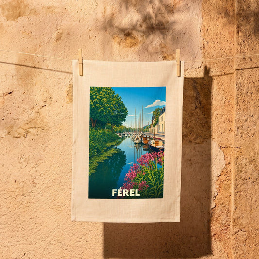 Torchon souvenir de la ville de Férel illustré d'un paysage de port fluvial coloré.