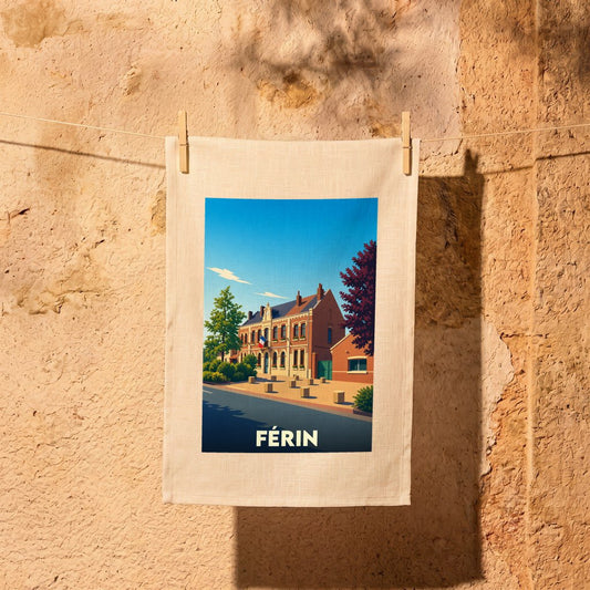 Torchon souvenir de la ville de Férin avec une illustration stylisée de son architecture.