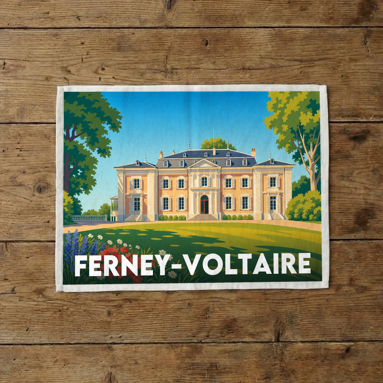 Torchon souvenir de la ville de Ferney-Voltaire avec une illustration stylisée de son château.