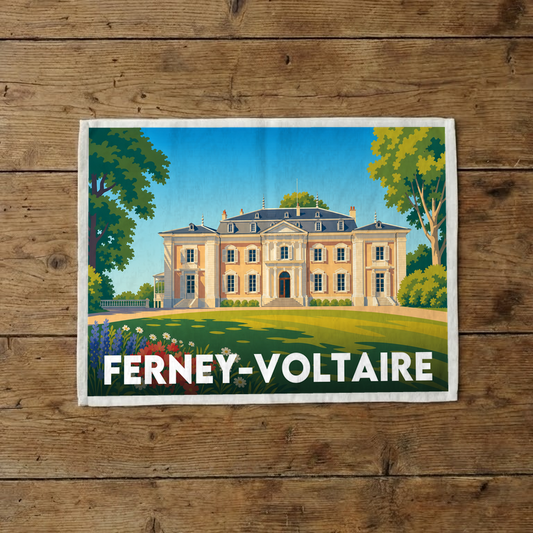 Torchon souvenir de la ville de Ferney-Voltaire avec une illustration stylisée de son château.