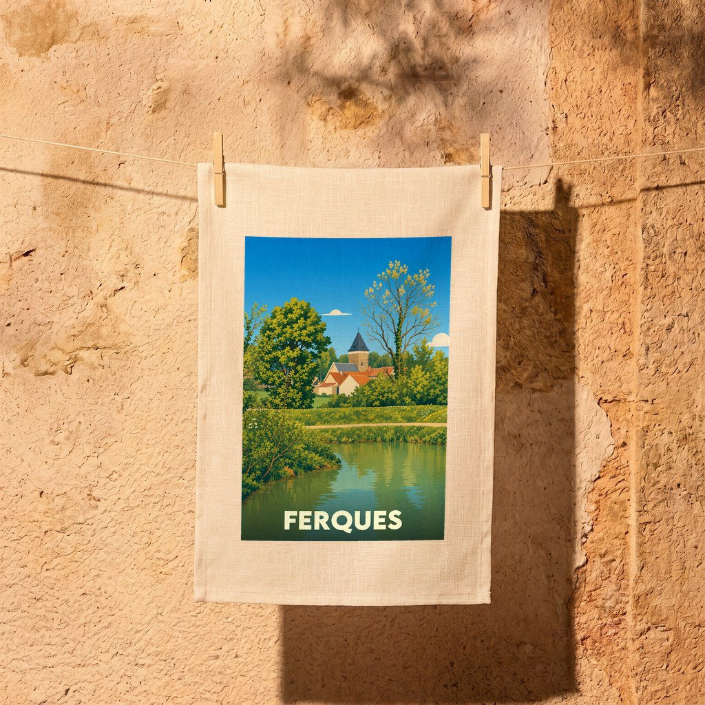 Torchon souvenir de la ville de Ferques orné d'une illustration paysagère stylisée.