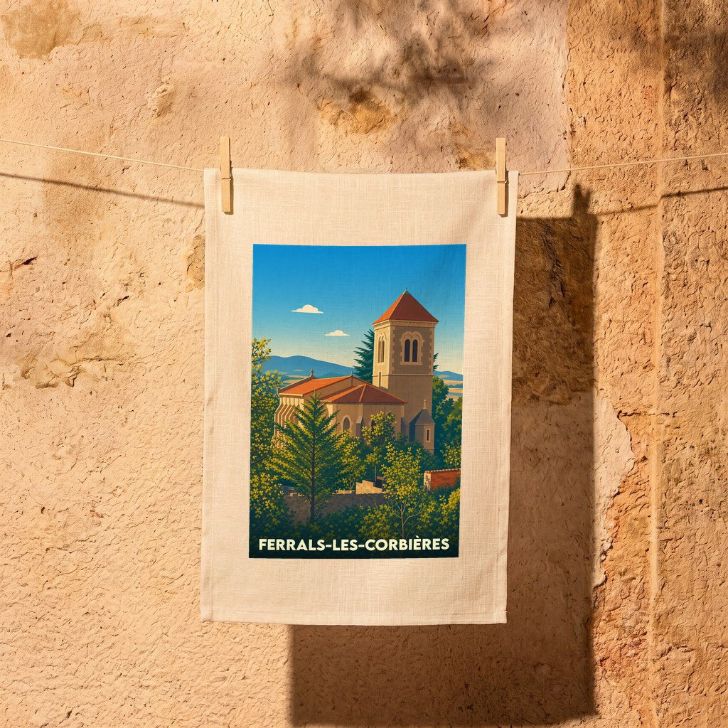 Torchon souvenir de Ferrals-les-Corbières avec une illustration stylisée de son église entourée de verdure.