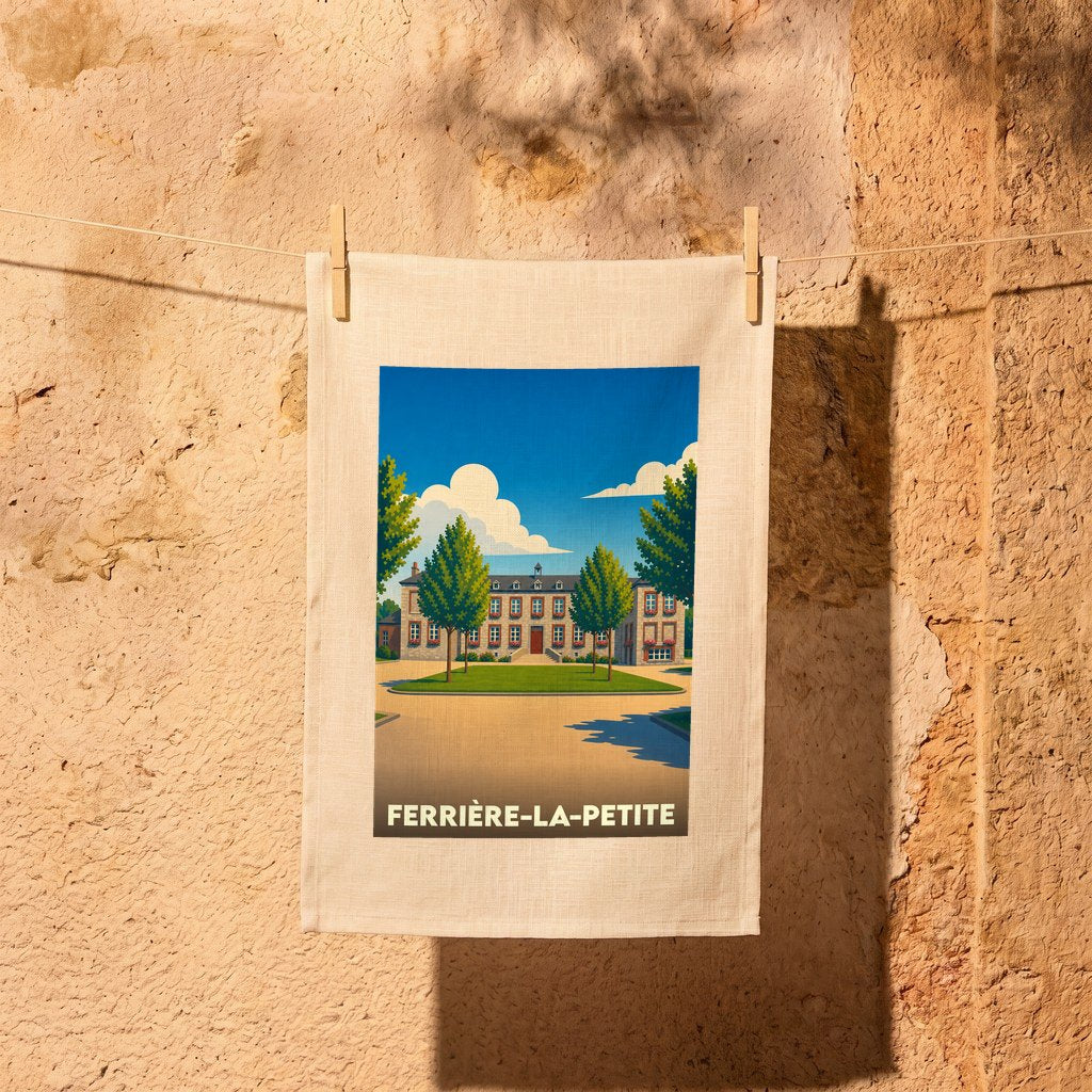 Torchon souvenir de la ville de Ferrière-la-Petite avec une illustration stylisée.