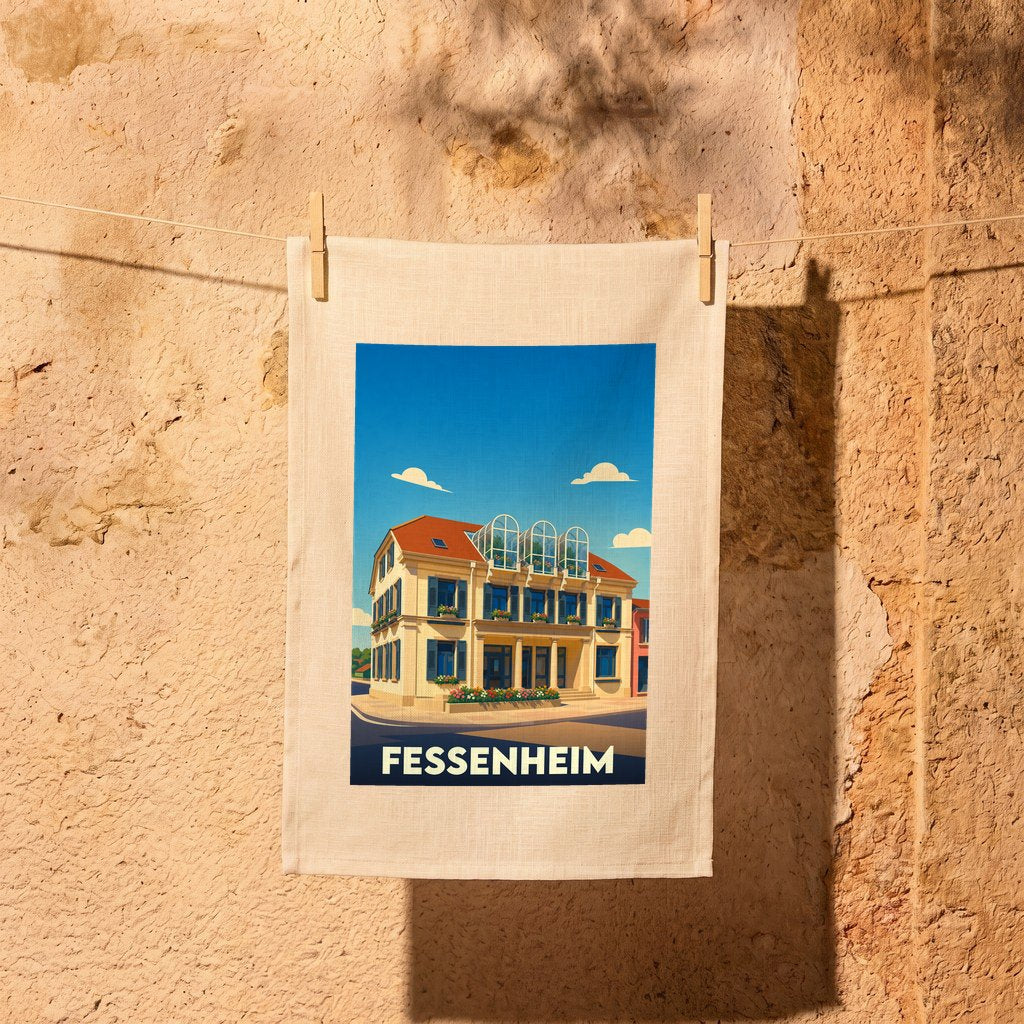 Torchon souvenir de la ville de Fessenheim avec une illustration stylisée d'un bâtiment emblématique.