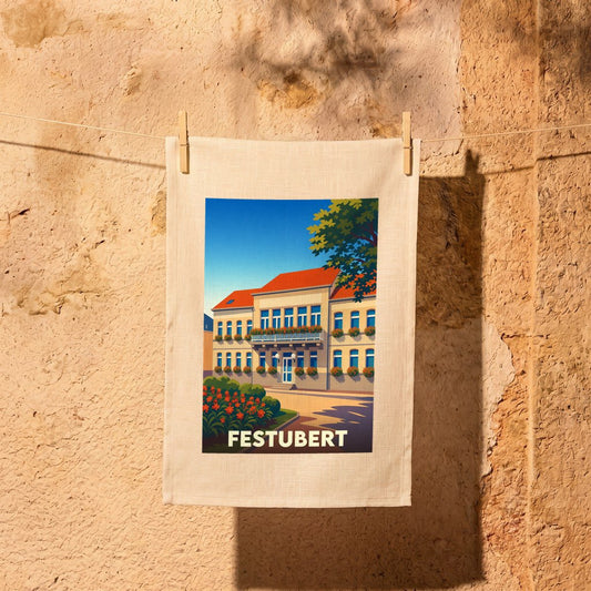 Torchon souvenir de la ville de Festubert orné d'une illustration stylisée de sa mairie.