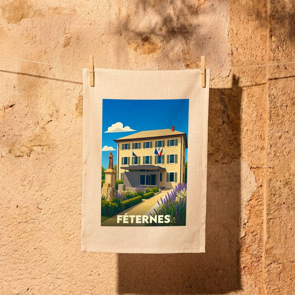 Torchon souvenir de la ville de Féternes arborant une illustration stylisée de sa mairie.