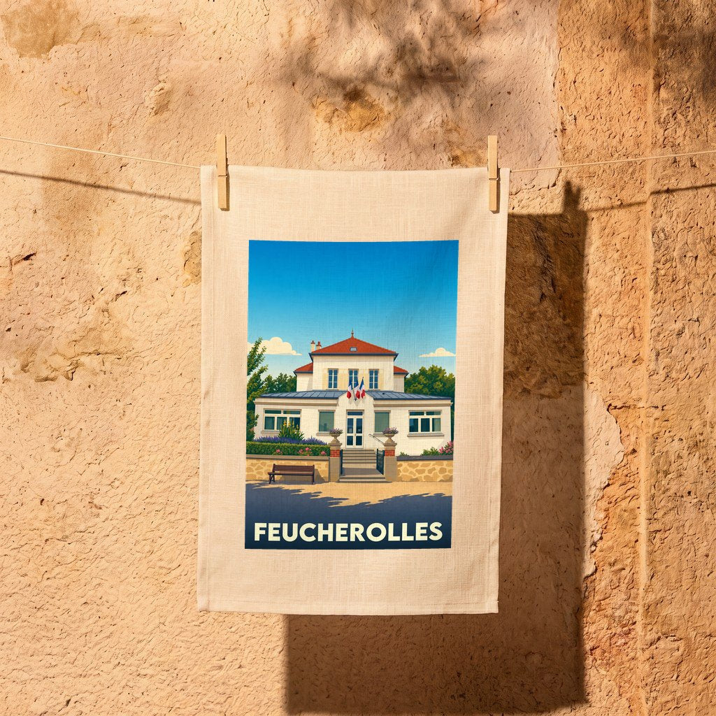 Torchon souvenir de la ville de Feucherolles avec une illustration stylisée de sa mairie.