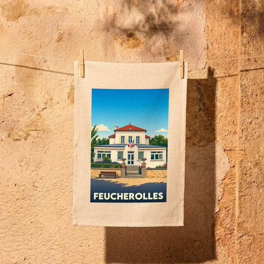 Torchon souvenir de la ville de Feucherolles avec une illustration stylisée de sa mairie.