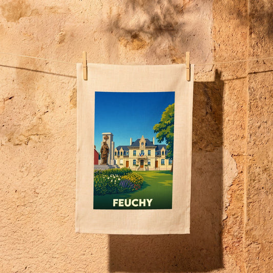 Torchon souvenir de la ville de Feuchy avec une illustration stylisée.