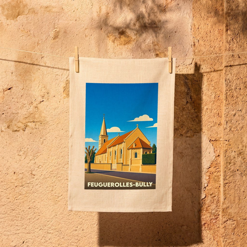 Torchon souvenir de la ville de Feuguerolles-Bully avec une illustration stylisée de son église.