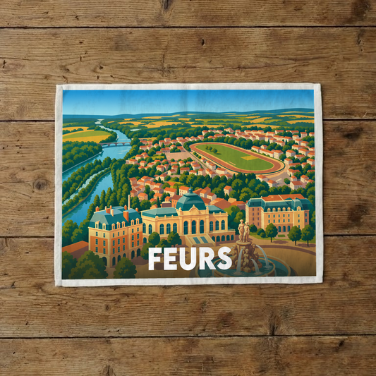 Torchon souvenir de la ville de Feurs illustré d'une vue panoramique stylisée mettant en avant son patrimoine et son hippodrome.