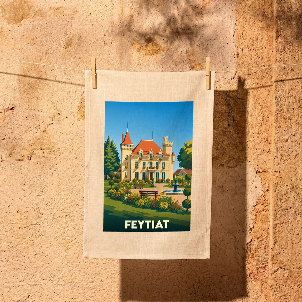 Torchon souvenir de la ville de Feytiat illustré d'un château avec un jardin fleuri dans un style rétro.