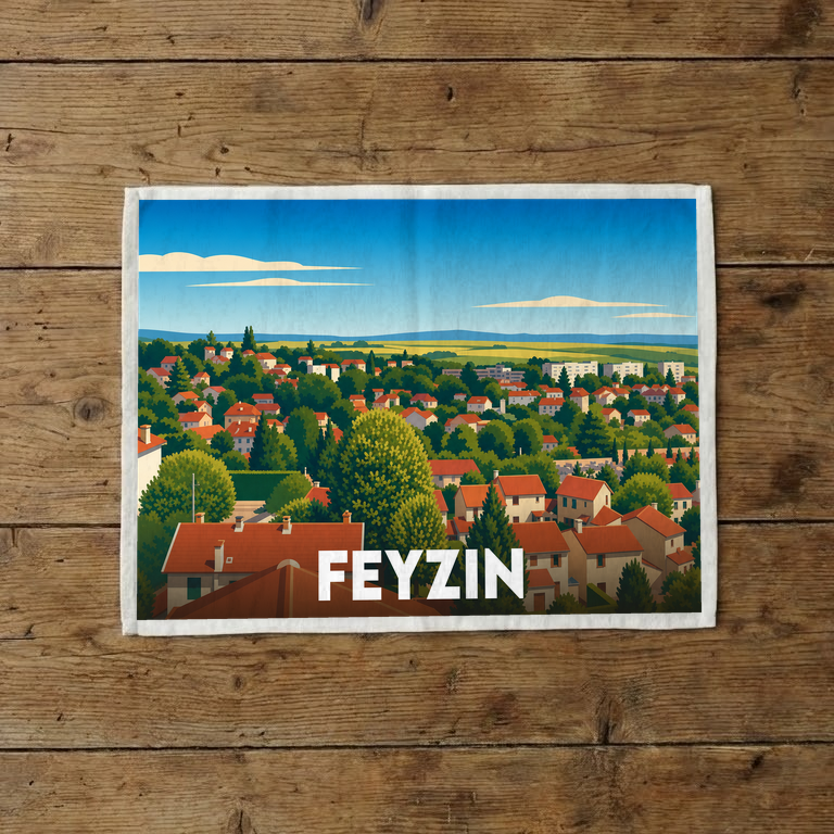 Torchon souvenir de la ville de Feyzin avec une illustration stylisée et colorée de ses paysages.