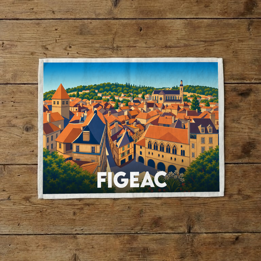 Torchon souvenir de la ville de Figeac illustré par une vue panoramique stylisée de ses toits orangés et monuments historiques.