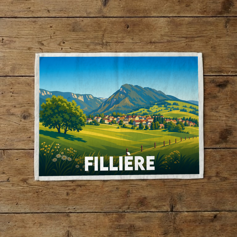 Torchon souvenir de la ville de Fillière avec une illustration stylisée d'un paysage de montagne.