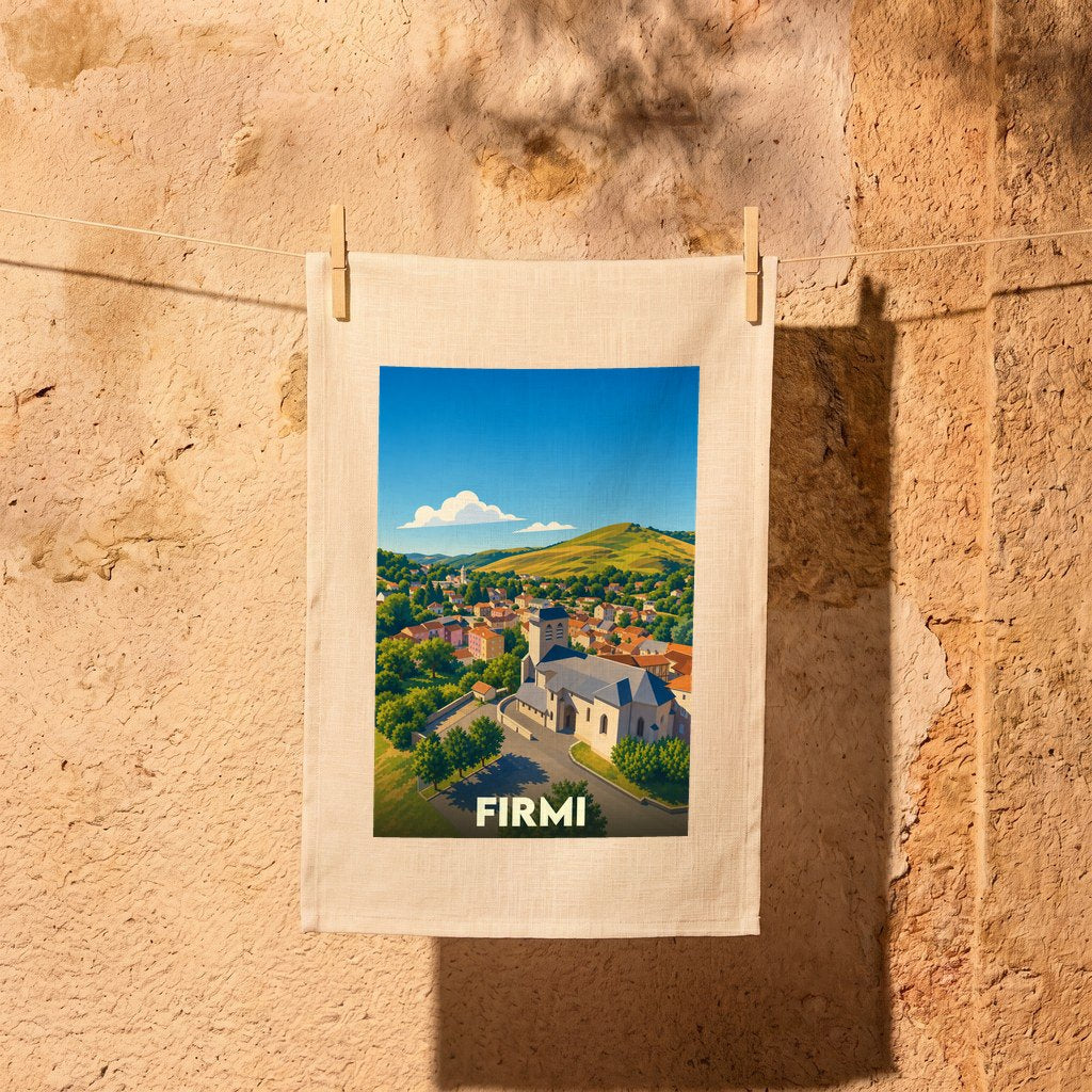 Torchon souvenir de la ville de Firmi orné d'une illustration stylisée de son église et de ses collines.