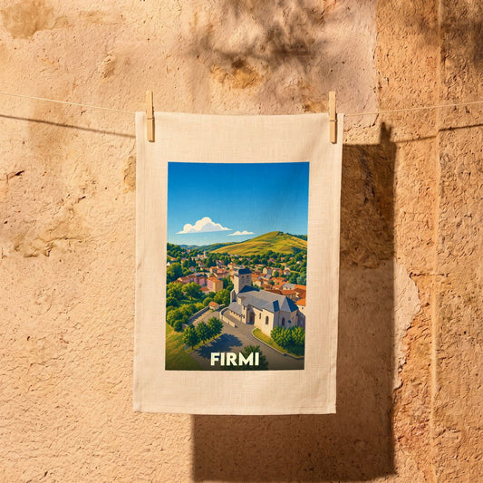 Torchon souvenir de la ville de Firmi orné d'une illustration stylisée de son église et de ses collines.