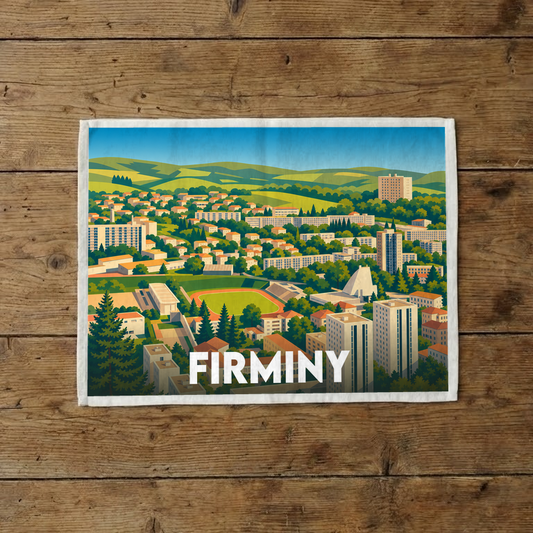 Torchon souvenir de la ville de Firminy avec une illustration stylisée de son paysage urbain.