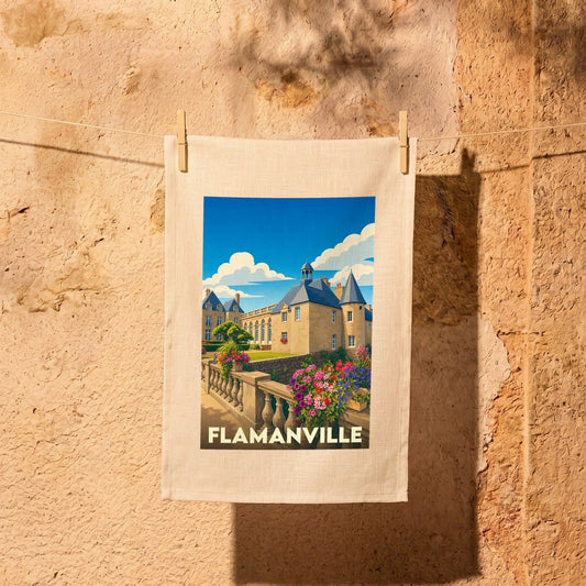 Torchon souvenir de la ville de Flamanville avec une illustration stylisée d'un château fleuri.