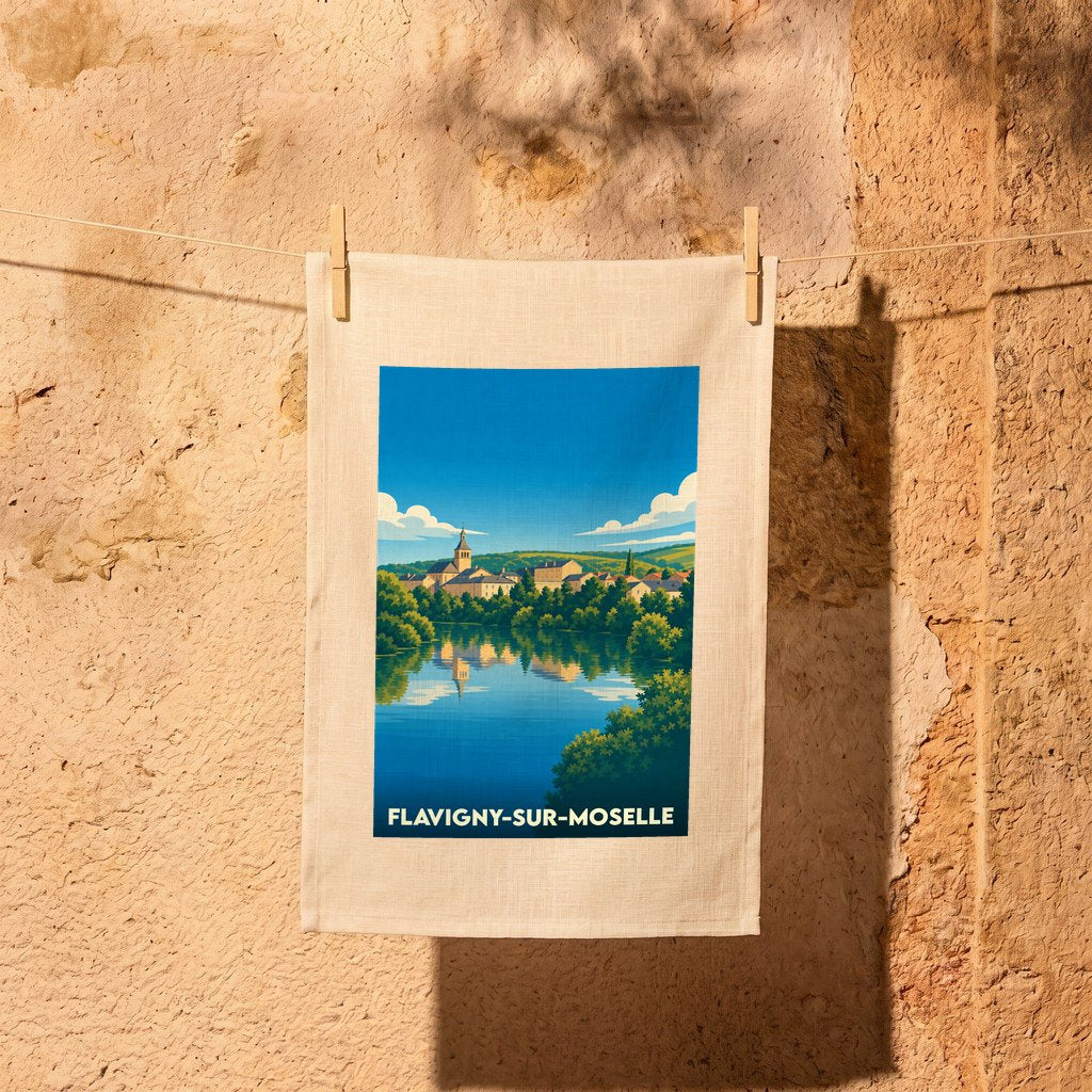 Torchon souvenir de Flavigny-sur-Moselle avec une illustration stylisée du village se reflétant dans l'eau.