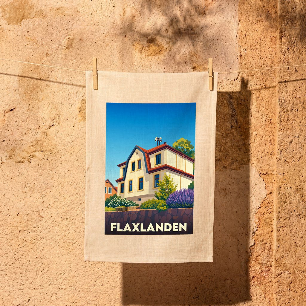 Torchon souvenir de la ville de Flaxlanden avec une illustration stylisée d'une maison traditionnelle.