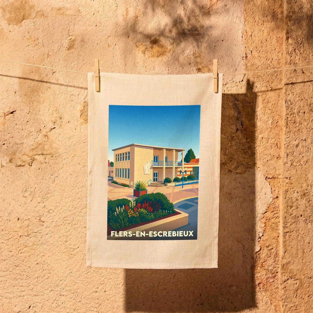 Torchon souvenir de la ville de Flers-en-Escrebieux avec une illustration stylisée de l'hôtel de ville.