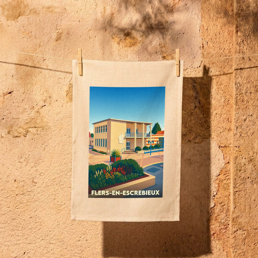 Torchon souvenir de la ville de Flers-en-Escrebieux avec une illustration stylisée de l'hôtel de ville.