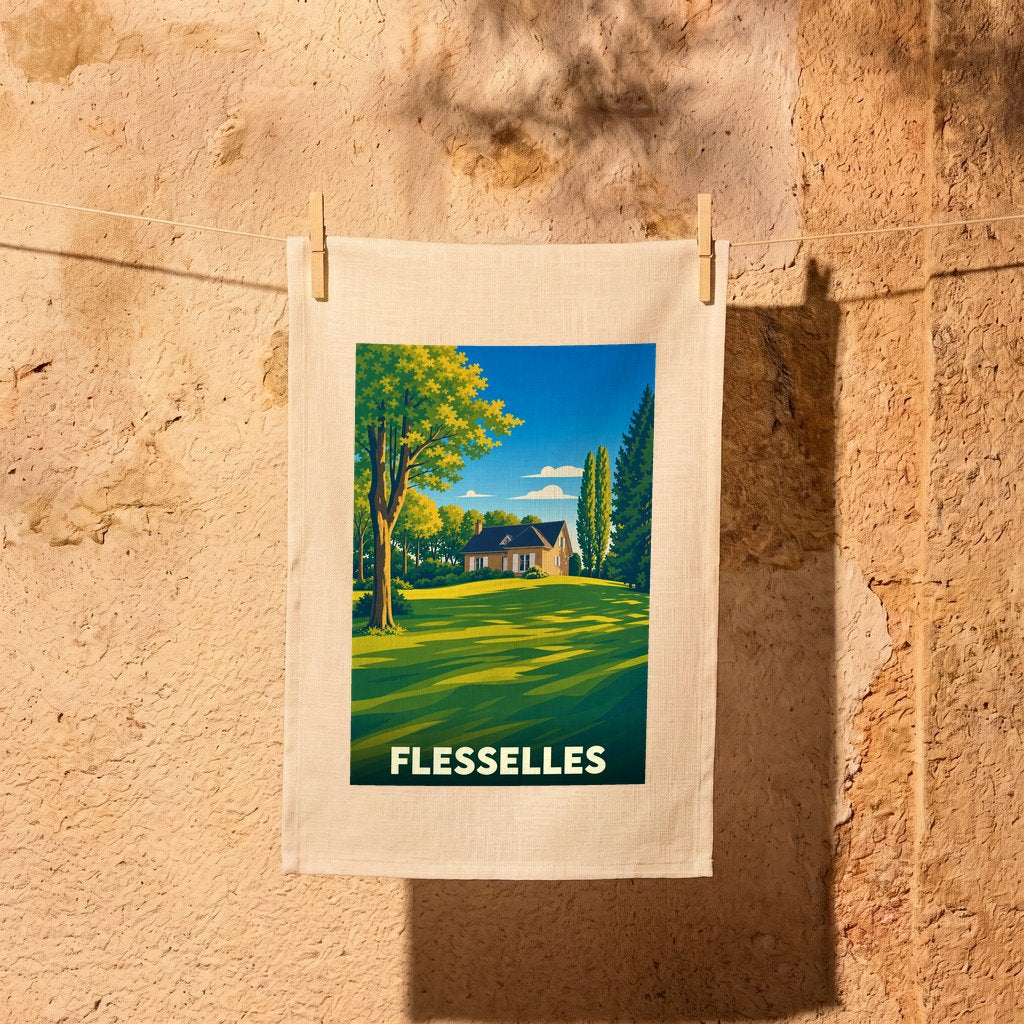 Torchon souvenir de la ville de Flesselles avec une illustration stylisée d'une maison dans un paysage verdoyant.