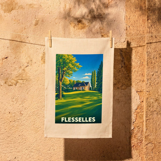 Torchon souvenir de la ville de Flesselles avec une illustration stylisée d'une maison dans un paysage verdoyant.