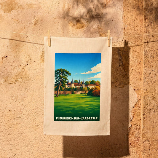 Torchon souvenir de la ville de Fleurieux-sur-l'Arbresle avec une illustration stylisée de son château.